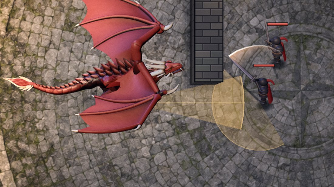 The red dragon winding up a bite at two knights in the courtyard, the bite's reach drawn on the stones