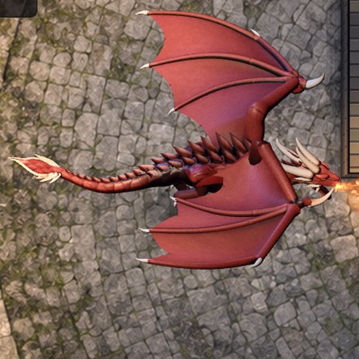 The red dragon from above, wings flared, horns swept back, fire at its jaw