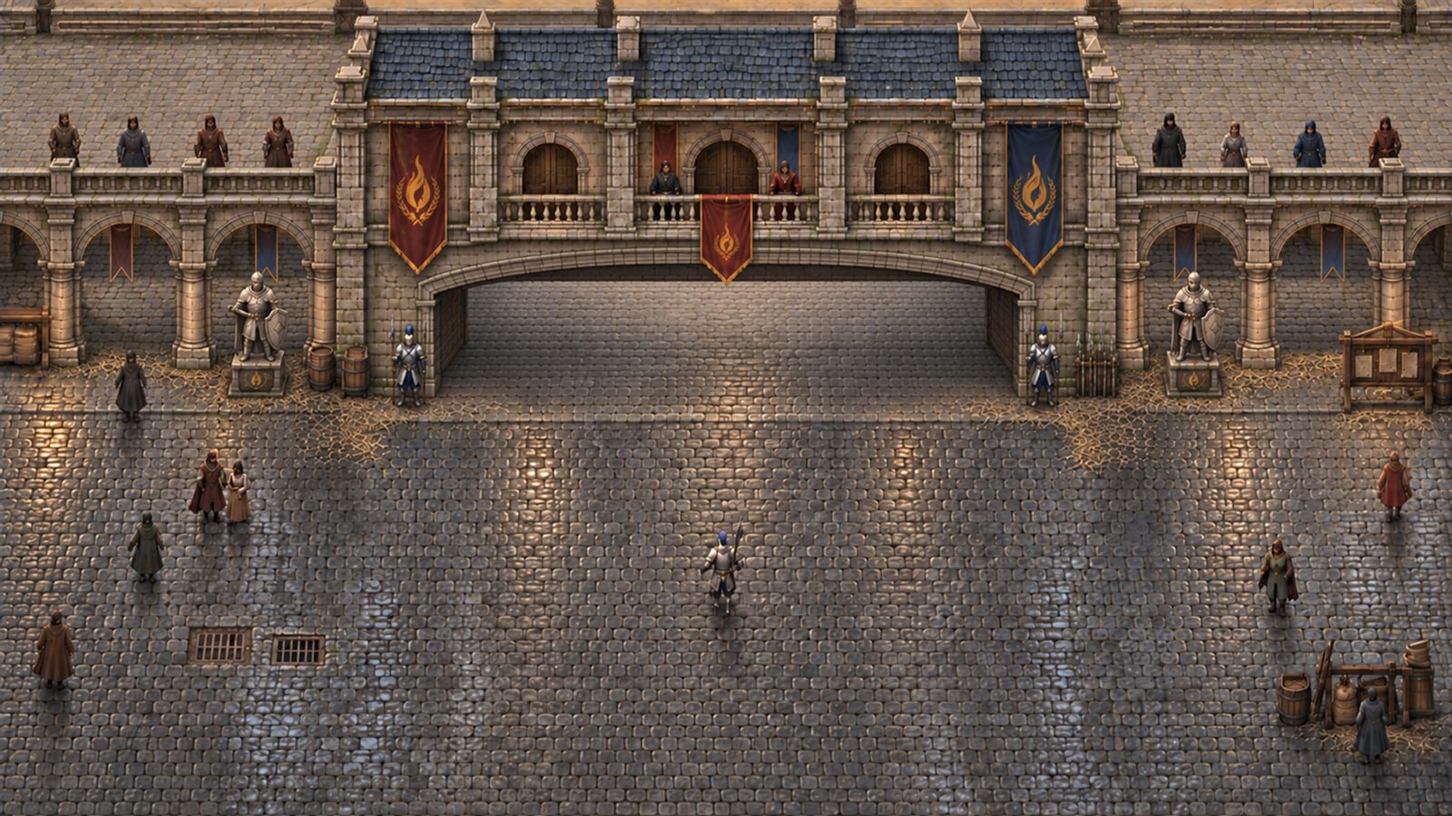 Emberhold's colosseum by day, pale stone arches over a busy square