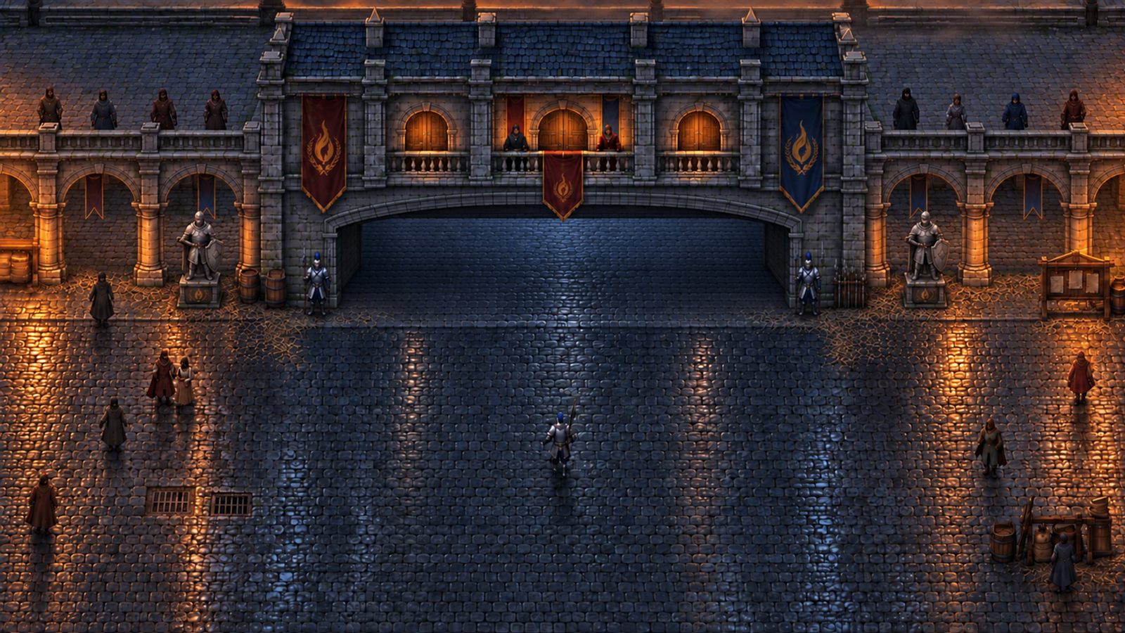 Emberhold's colosseum at night, torches and braziers lighting the stone