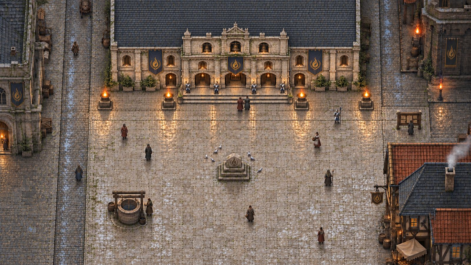 The temple quarter of Emberhold by day, a limestone temple with dark banners