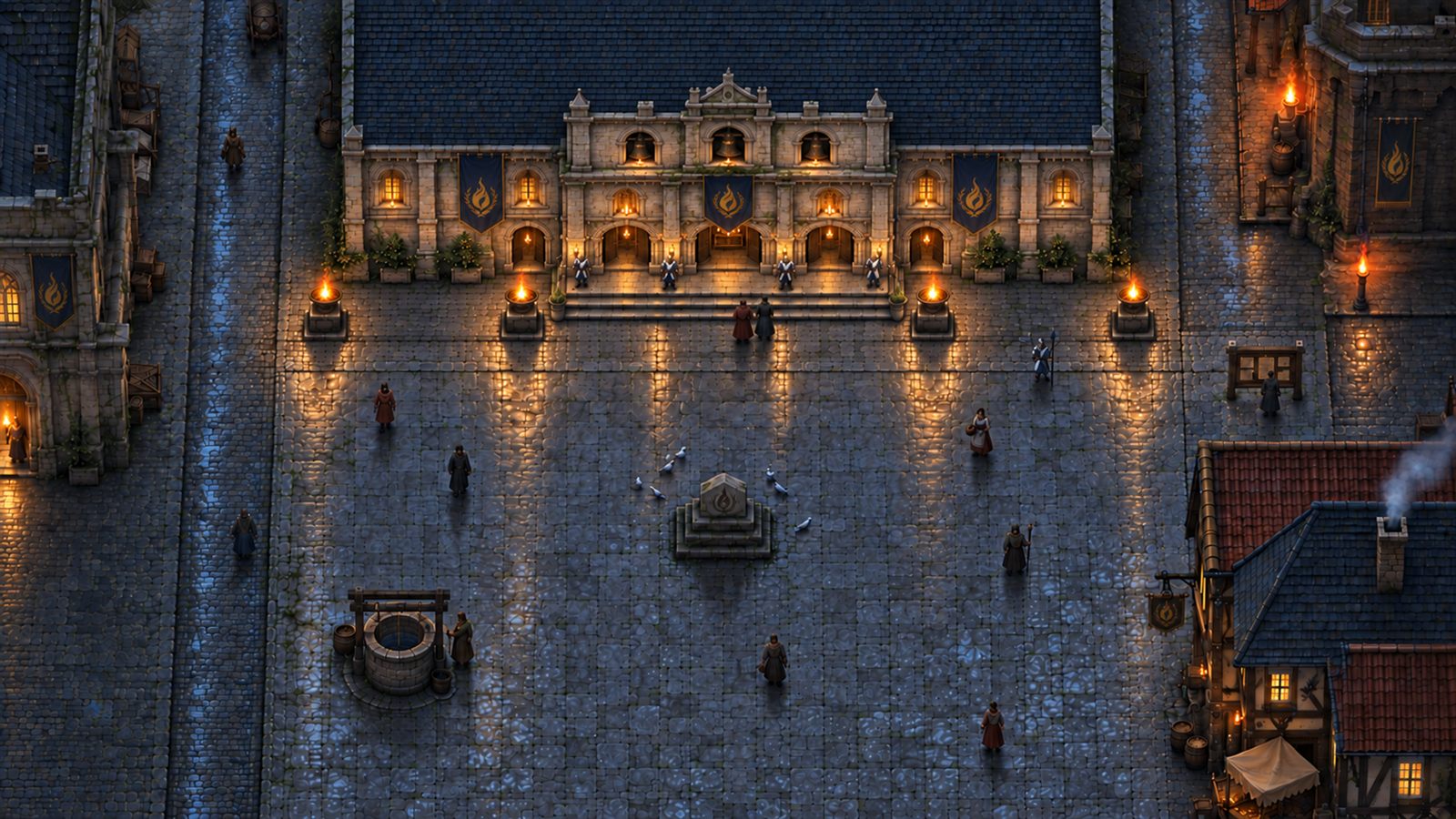 The temple quarter at night, flame-gold banners and lit braziers