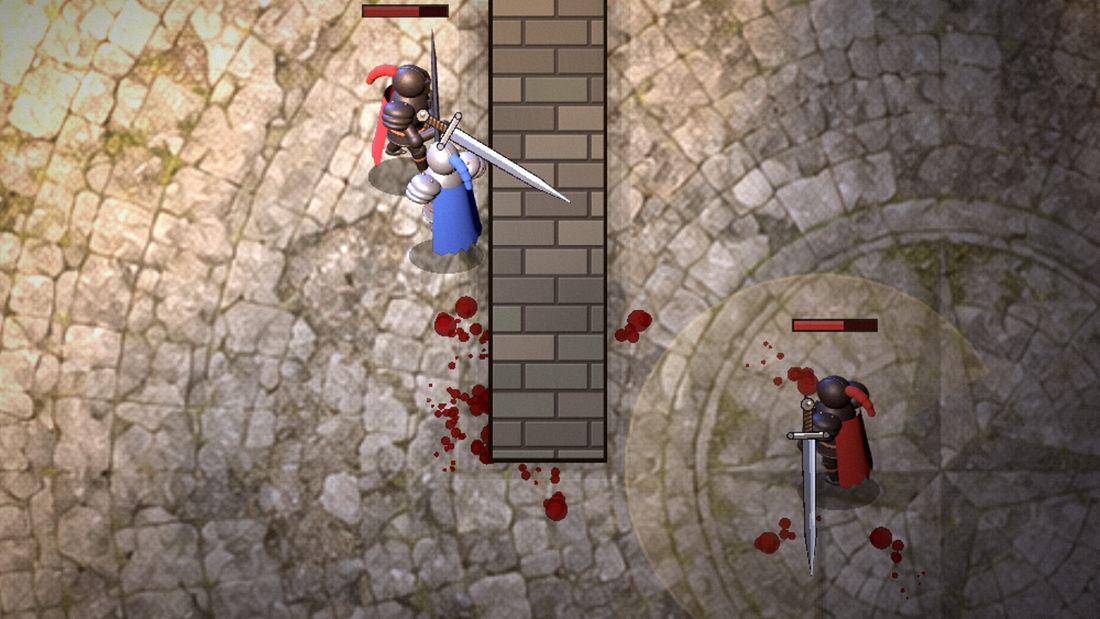Two knights fighting beside a stone pillar in a torchlit courtyard, blood on the flagstones