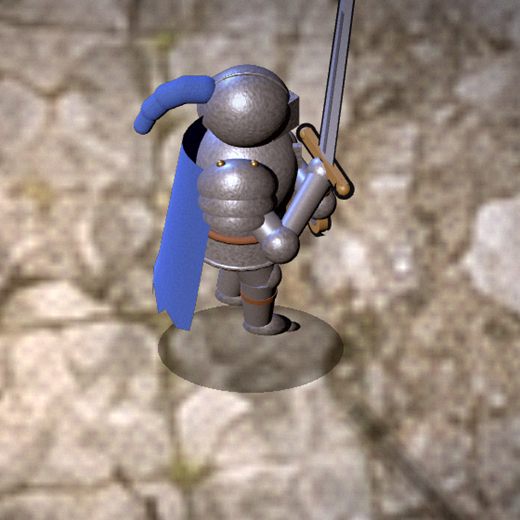 A steel knight in a blue cape with a greatsword held upright in guard