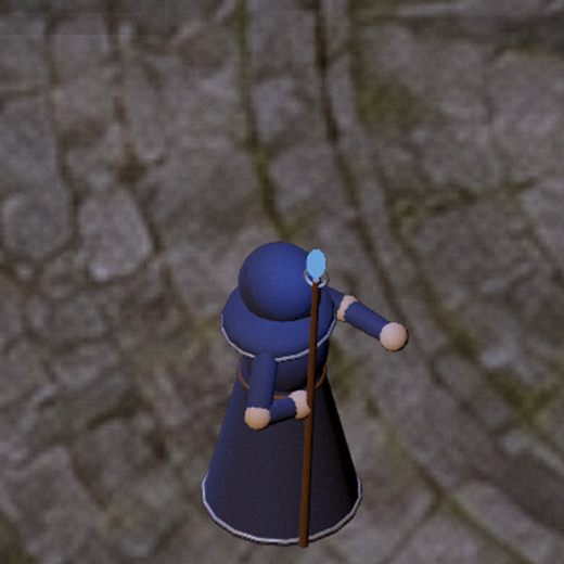 A hooded mage in a dark blue robe holding a staff with a glowing crystal, casting with an outstretched hand