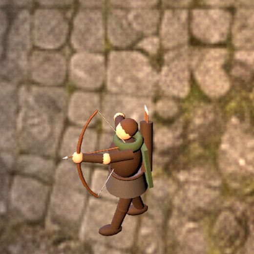 An archer in dark leather with a green hood drawing a longbow, quiver on the back