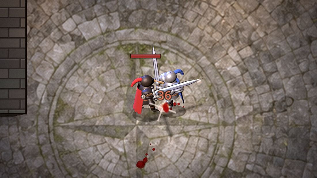Two knights locked in a duel in the torchlit courtyard, a hit landing with a burst of blood and a damage number