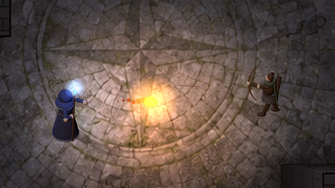 A mage releasing a glowing fire bolt toward an archer, whose arrow flies back toward the mage