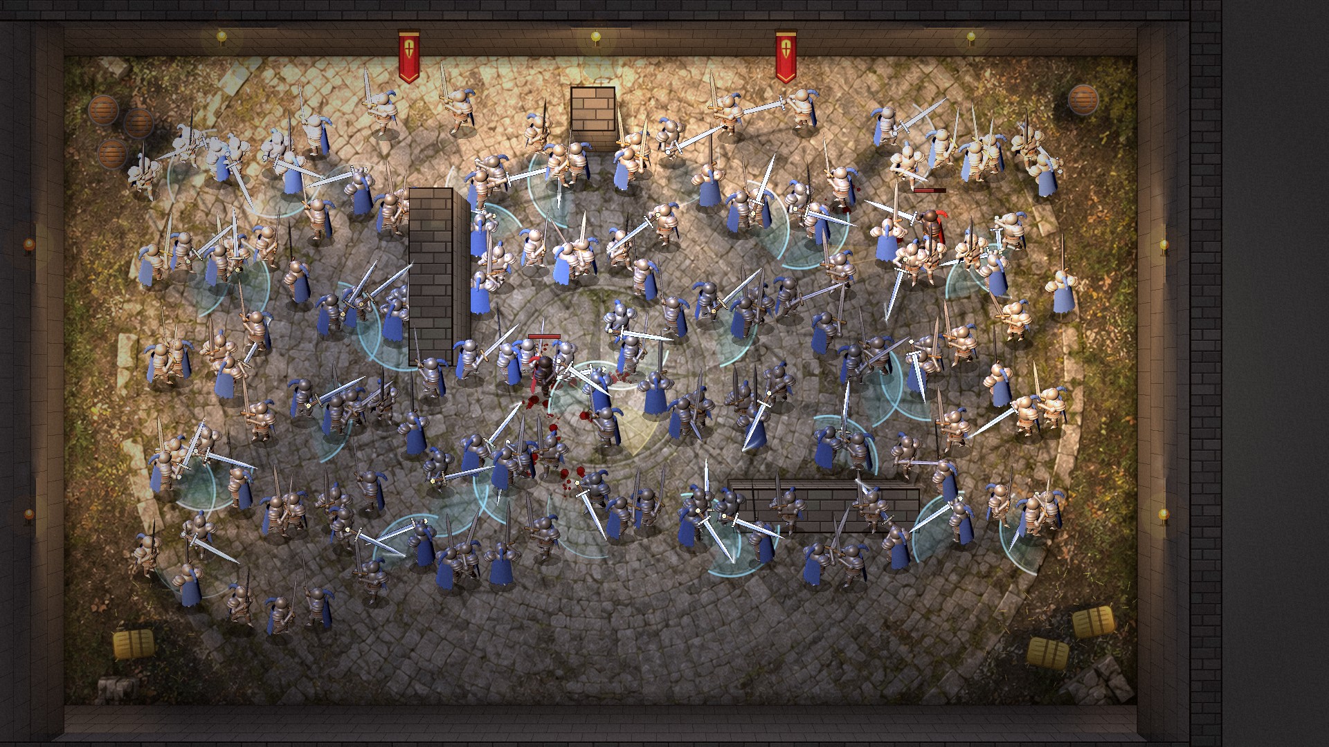 A hundred and fifty knights fighting across the torchlit arena, seen from above