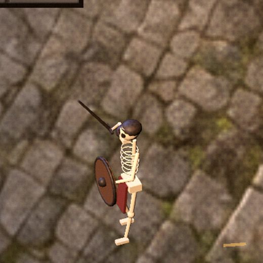 A skeleton warrior with a notched sword, a rusted helmet and a cracked round shield