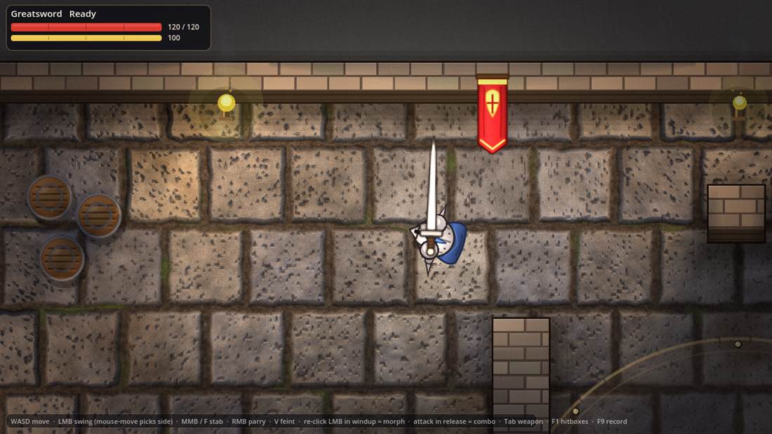 A torchlit stone corridor with a hanging banner, barrels, and a distant knight